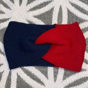 Handmade Messy bun Ear warmer Red/Navy Blue..